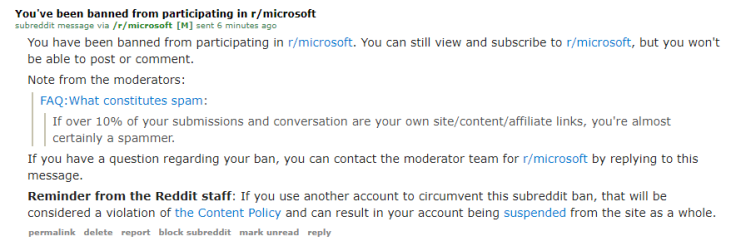 Banned from /r/Microsoft