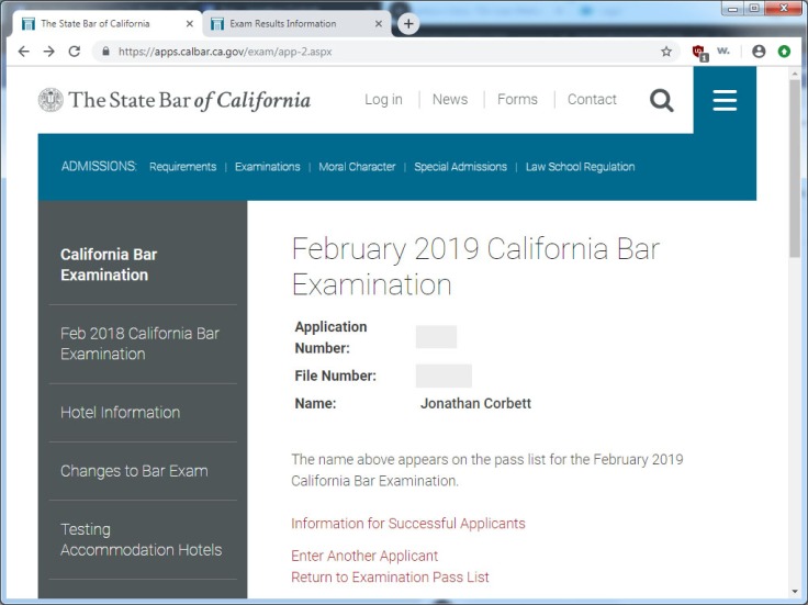 Jon Passes California Bar Exam